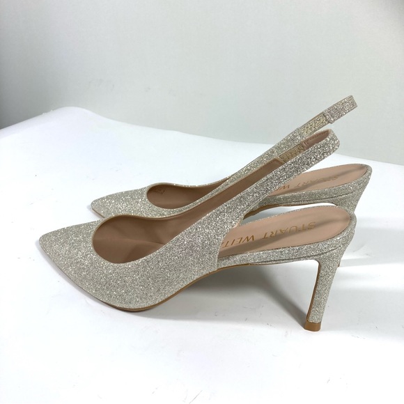 NWB Stuart Weitzman Linsi 75 Pointed Toe Glitter Slingback Pump Glitter Platino - Picture 6 of 17